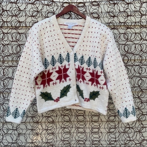Vintage Sweaters - Vintage 90s fair isle poinsettia crop holiday knit cardigan - large